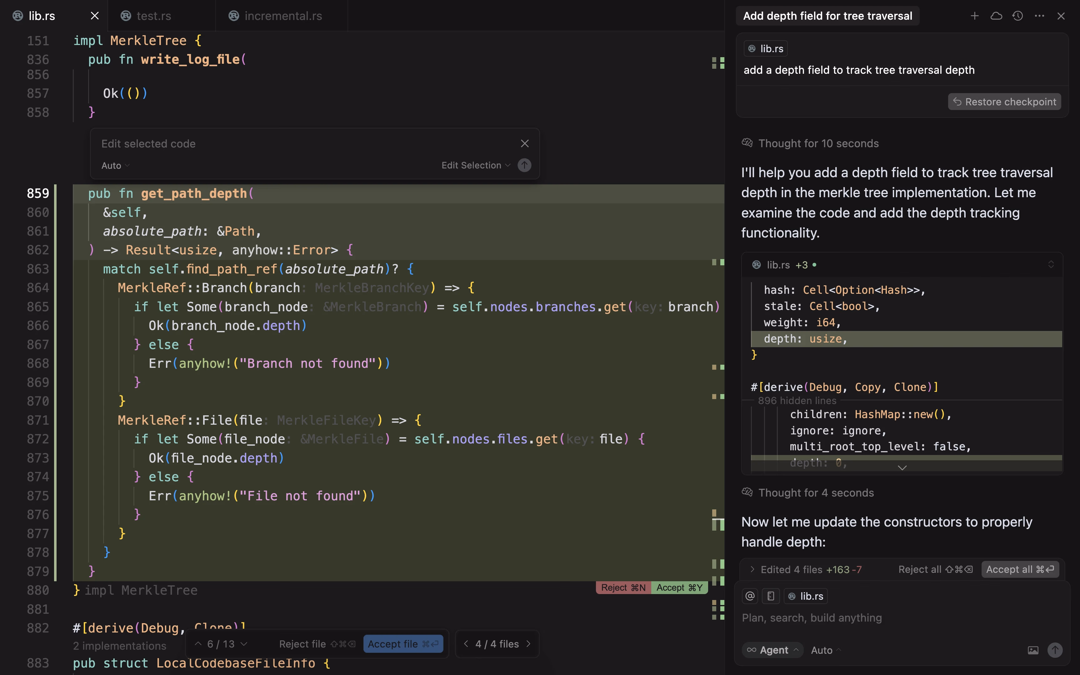 Cursor code editor interface displaying the Chat feature with a user asking a question about the code and the AI making changes to multiple files